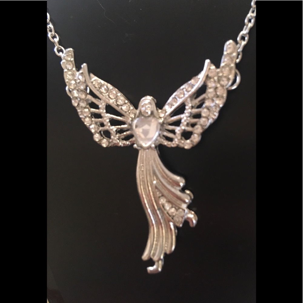 Angel W/Rhinestone Silver Chain Connected  2 Each Wing Necklace